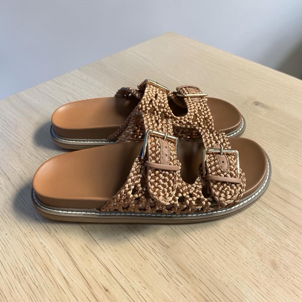 Joie Woven Double Buckle Sandals Size 8.5 Brown Flat Boho Resort Coastal Chic